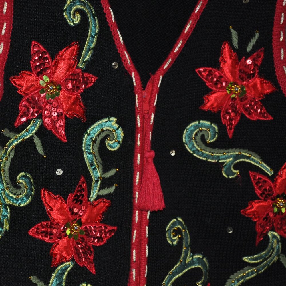 Vintage Black Knit Sweater Vest Festive Poinsettia Embroidery Sequin & Beading S - Picture 2 of 4